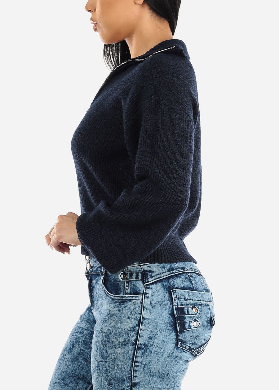 Mock Neck Half Zip Up Pullover Mossy Sweater Navy sold by Moda product image thumbnail 3