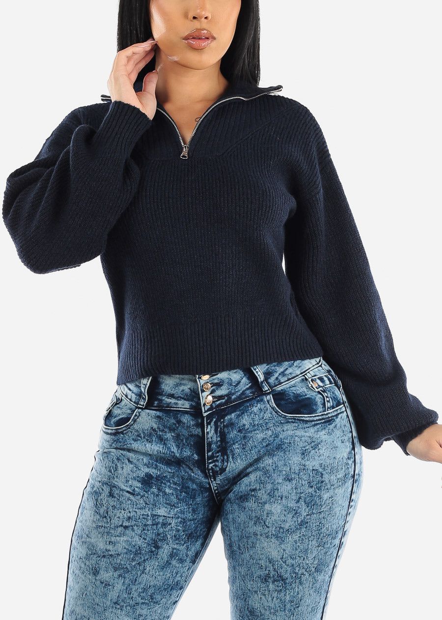 Mock Neck Half Zip Up Pullover Mossy Sweater Navy sold by Moda