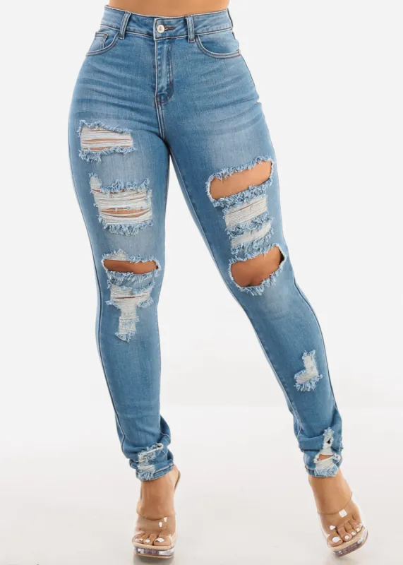 Super High Waist Distressed Skinny Jeans Light Blue sold by Moda