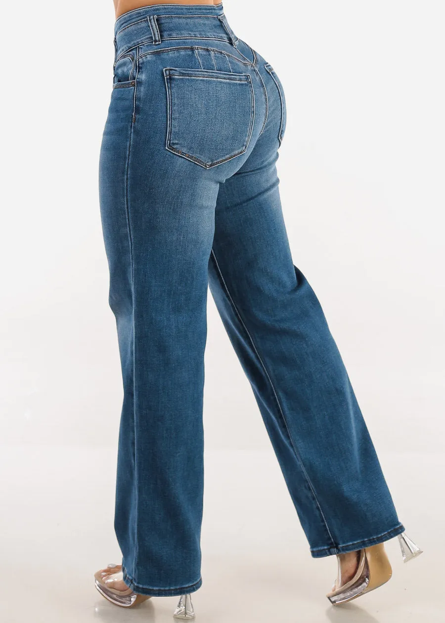 Butt Lift Straight Wide Leg Stretch Jeans Med Dark Blue sold by Moda