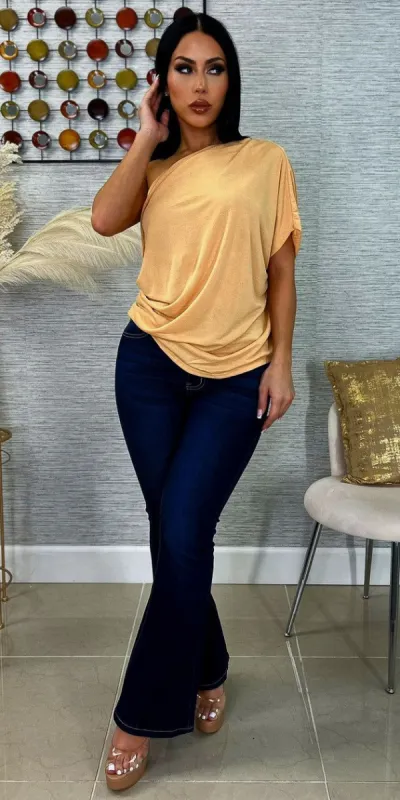 Orange Pleated & Flared Denim Outfit sold by Moda