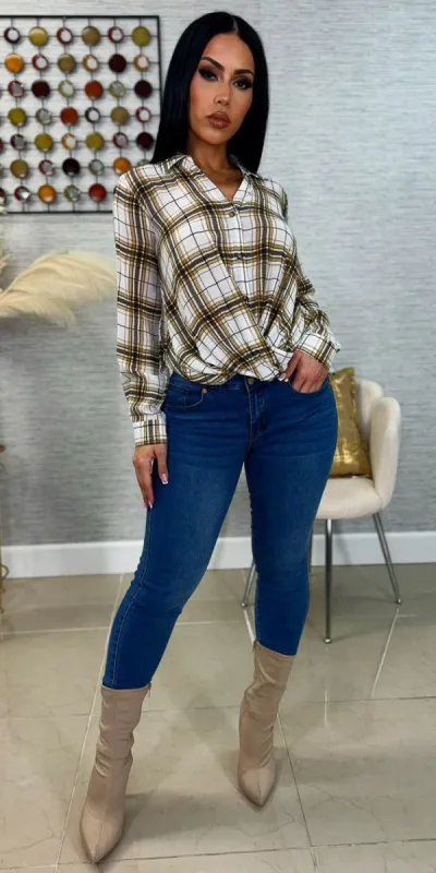 Med Wash Denim & Twist Front Plaid Set sold by Moda