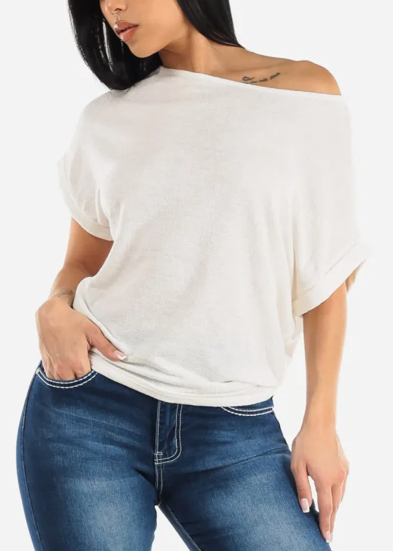 Cuffed Short Dolman Sleeve Boat Neckline Top Off White sold by Moda