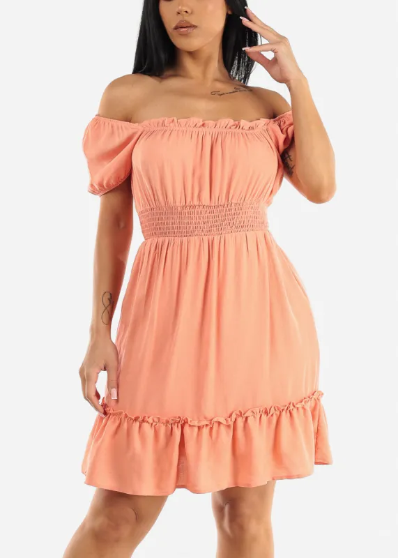 Off Shoulder Smock Waist Mini Dress Orange sold by Moda