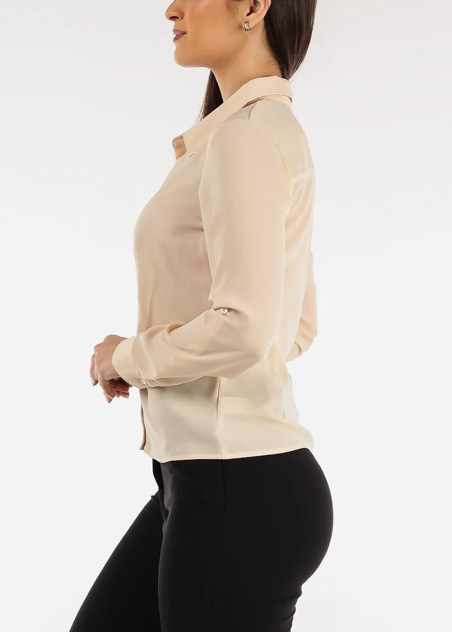 Long Sleeve Button Down Ruched Collared Blouse Nude sold by Moda product image thumbnail 3