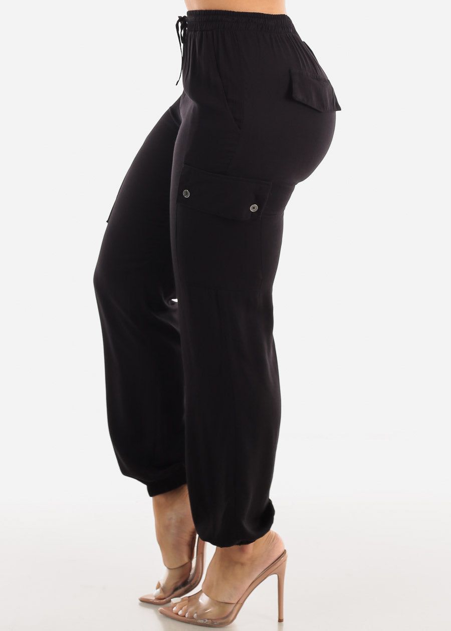 Black High Waist Drawstring Cargo Jogger Pants sold by Moda product image thumbnail 3