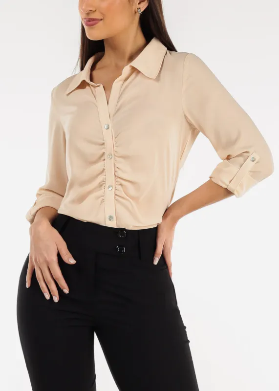 Long Sleeve Button Down Ruched Collared Blouse Nude sold by Moda