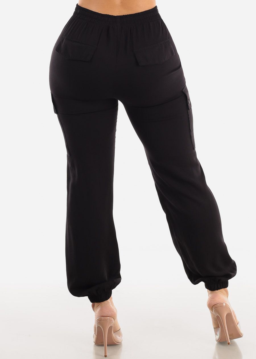 Black High Waist Drawstring Cargo Jogger Pants sold by Moda product image thumbnail 4