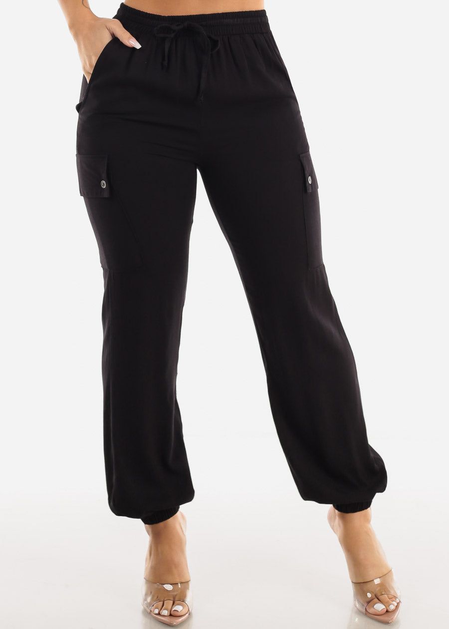 Black High Waist Drawstring Cargo Jogger Pants sold by Moda