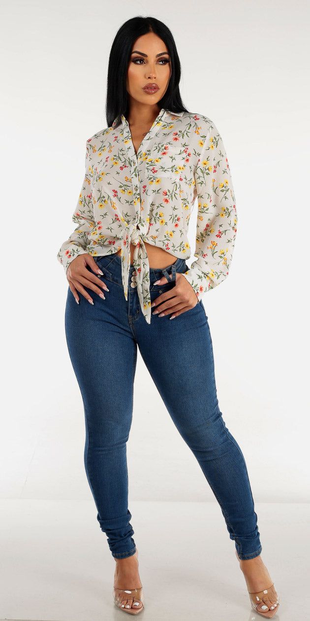Butt Lift Mid Rise Med Wash Skinny Jeans with White Tie Front Button Up Floral Blouse sold by Moda