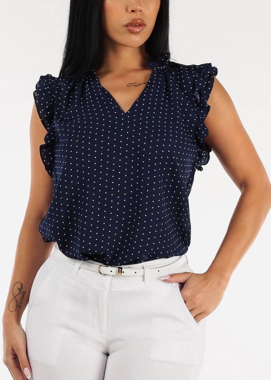 Sleeveless Polka Dot Chiffon Blouse Navy w Ruffle Details sold by Moda