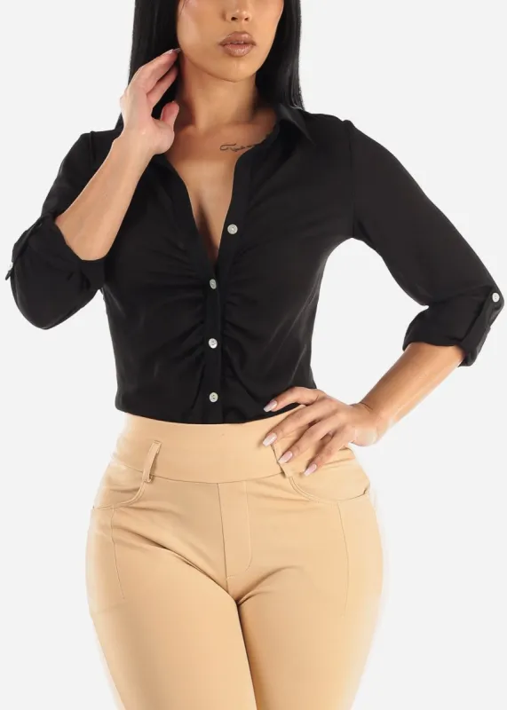 Black Long Sleeve Button Down Ruched Collared Blouse sold by Moda