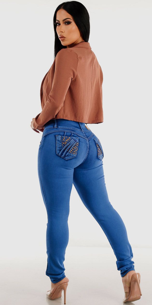 Butt Lifting Blue Skinny Jeans Black Halter Surplice Bodysuit and Cropped Long Sleeve Mauve Blazer sold by Moda product image thumbnail 2