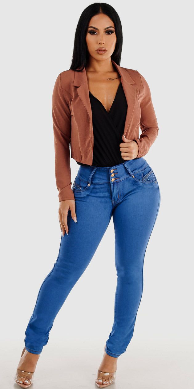 Butt Lifting Blue Skinny Jeans Black Halter Surplice Bodysuit and Cropped Long Sleeve Mauve Blazer sold by Moda