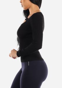 Fitted Long Sleeve Cut Out Black Sweater Top sold by Moda