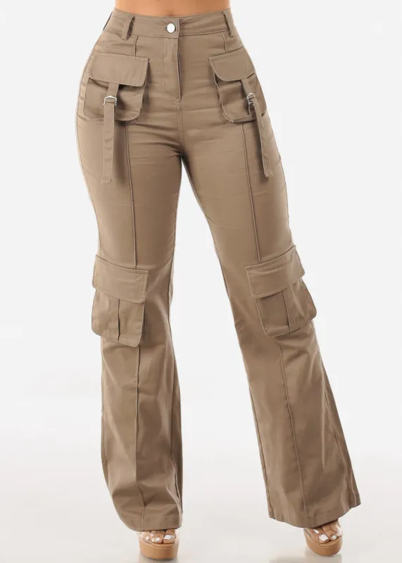 Khaki High Waist Straight Leg Twill Cargo Pants sold by Moda