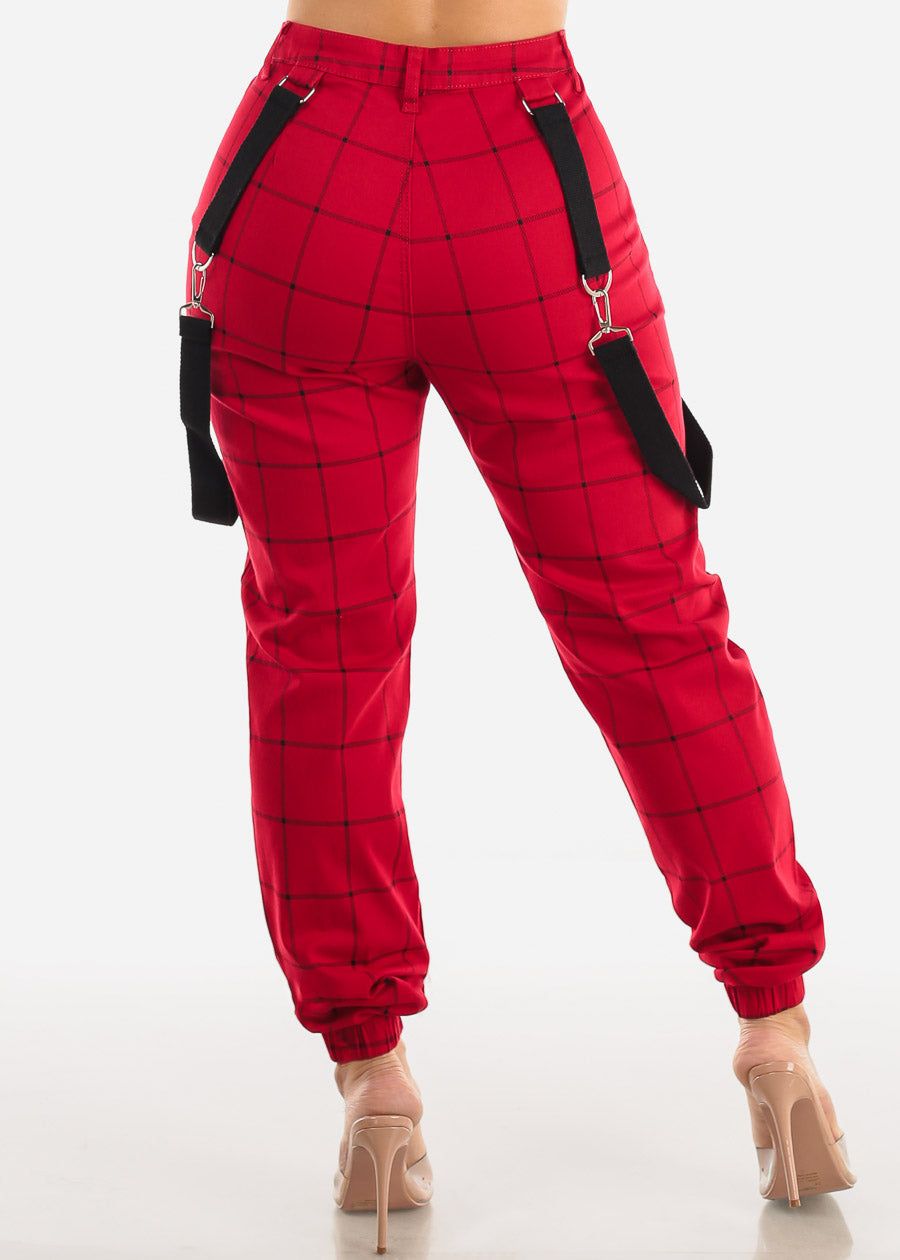 High Waisted Red Plaid Jogger Pants w Straps sold by Moda product image thumbnail 4