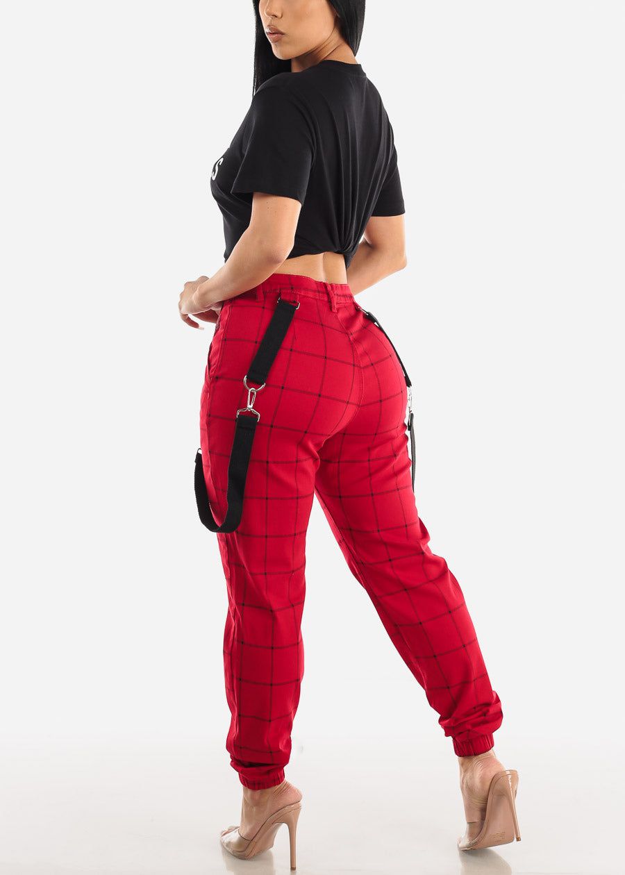 High Waisted Red Plaid Jogger Pants w Straps sold by Moda product image thumbnail 5