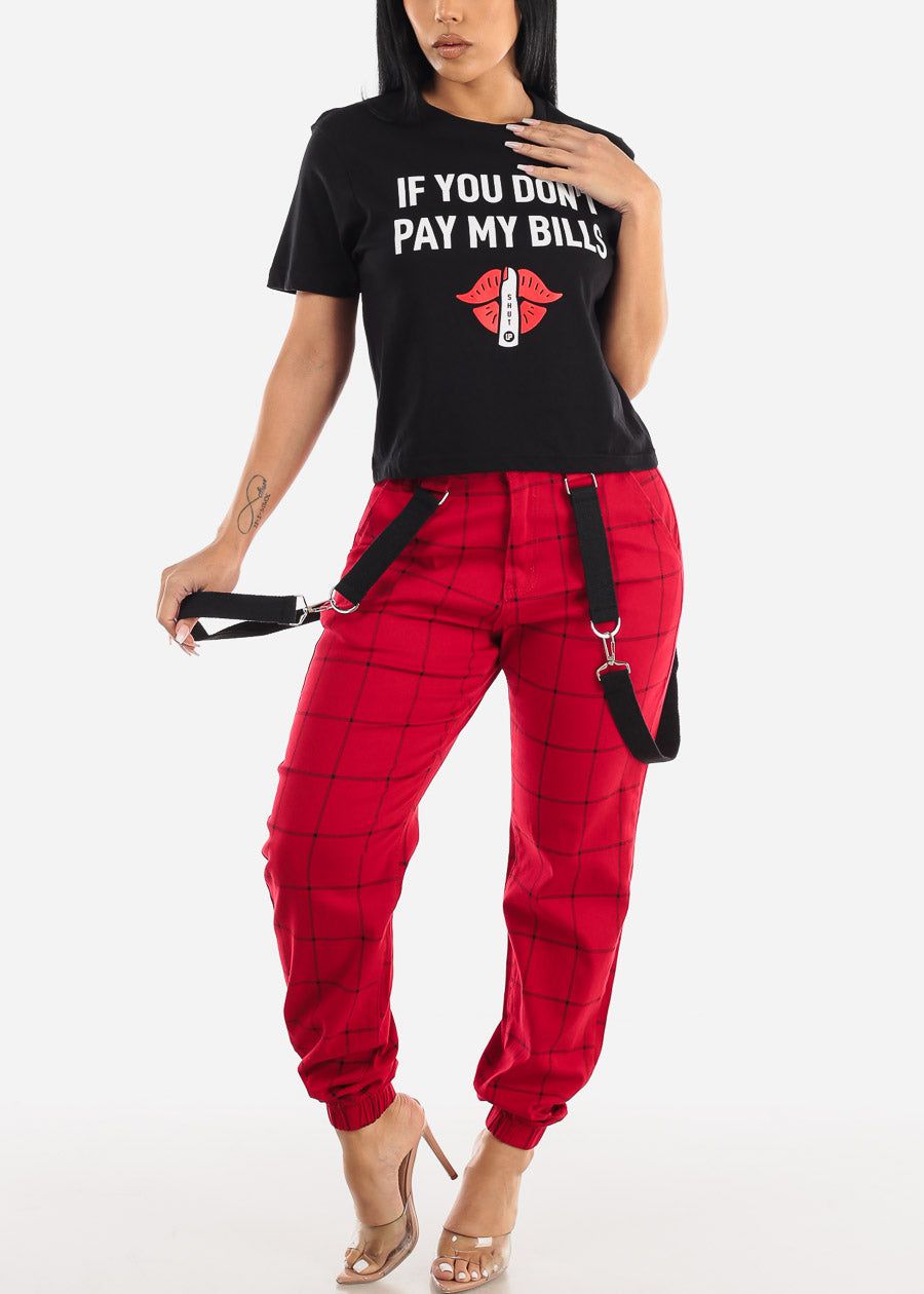 High Waisted Red Plaid Jogger Pants w Straps sold by Moda product image thumbnail 2