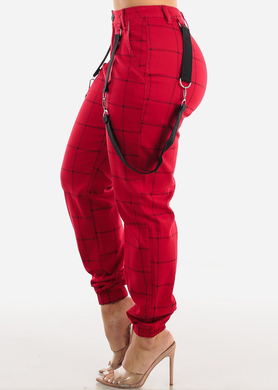 High Waisted Red Plaid Jogger Pants w Straps sold by Moda product image thumbnail 3