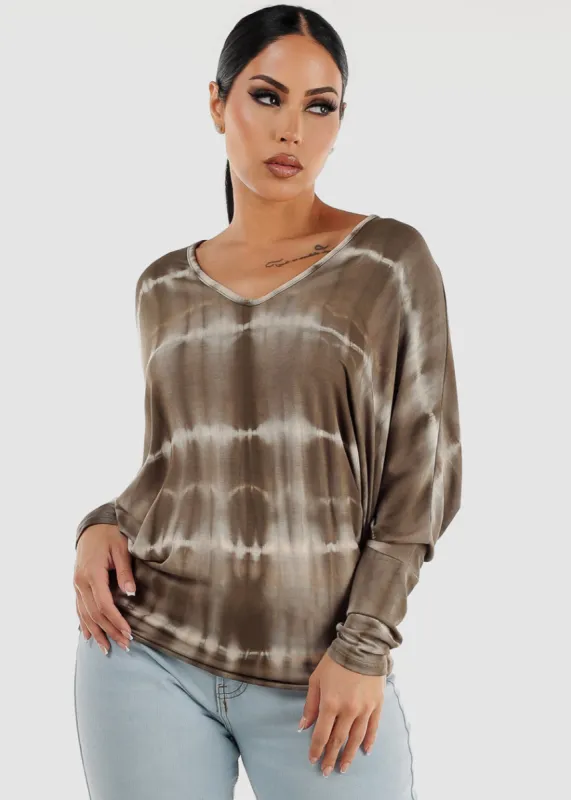 Long Dolman Sleeve VNeck Tie Dye Tunic Top Olive sold by Moda