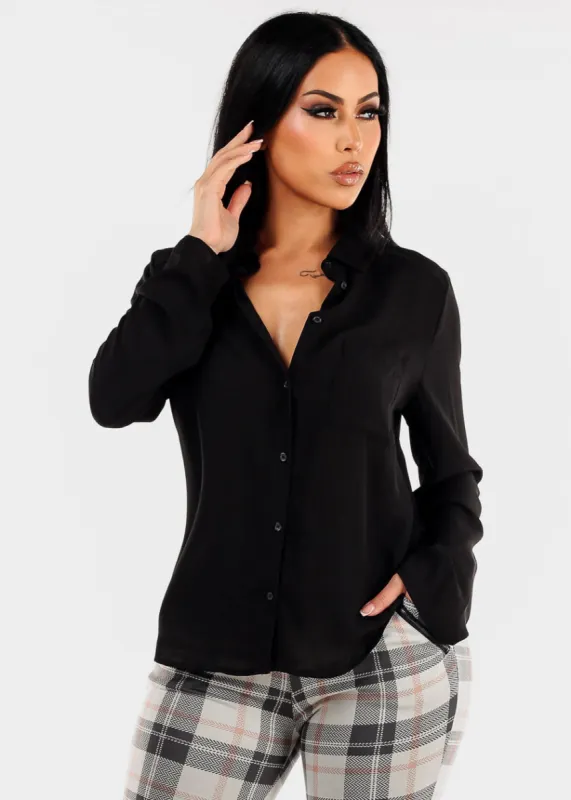 Black Chiffon Button Up Dressy Shirt sold by Moda