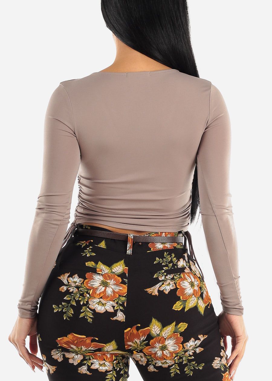 Long Sleeve Vneck Top Mocha w Ruched Sides sold by Moda product image thumbnail 4