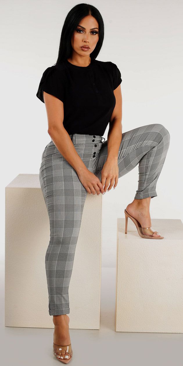 High Rise Plaid Skinny Pants with Black Half Button Up Short Sleeve Top sold by Moda