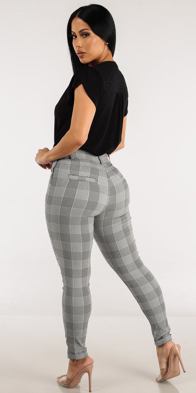 High Rise Plaid Skinny Pants with Black Half Button Up Short Sleeve Top sold by Moda product image thumbnail 2