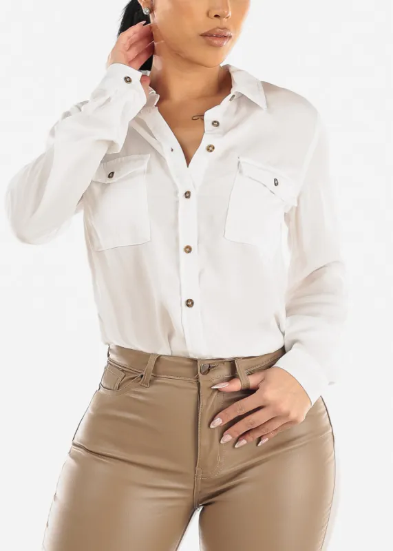 Button Down Long Sleeve White Tencel Shirt sold by Moda