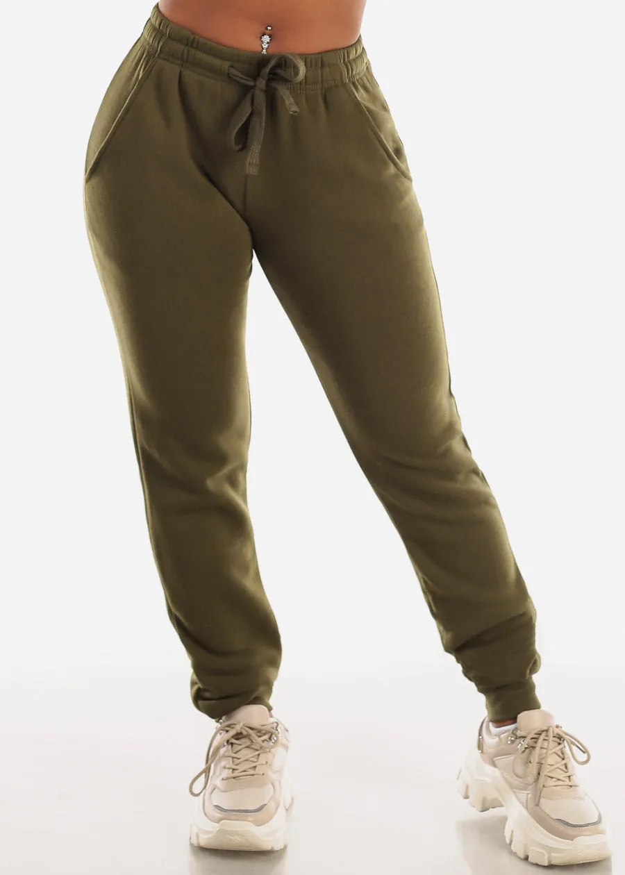 Drawstring Waist Fleece Jogger Sweatpants Olive sold by Moda