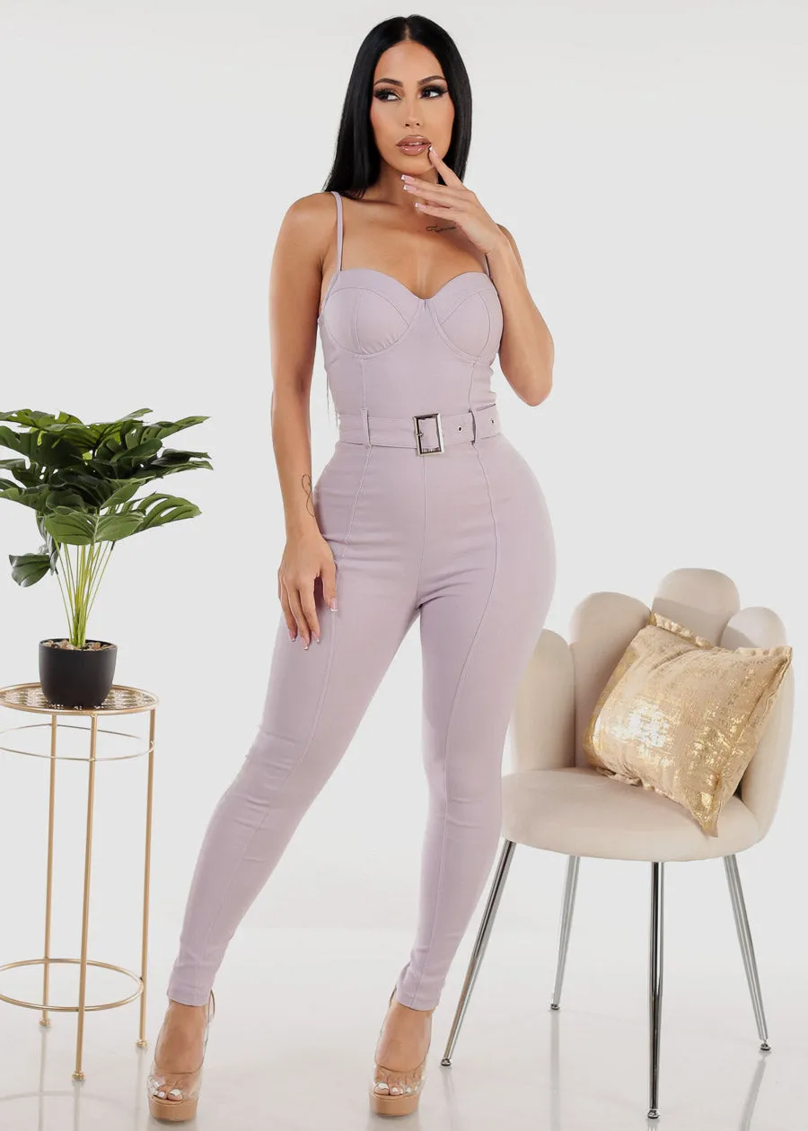 Sleeveless Sweetheart Neckline Belted Jumpsuit Lilac sold by Moda