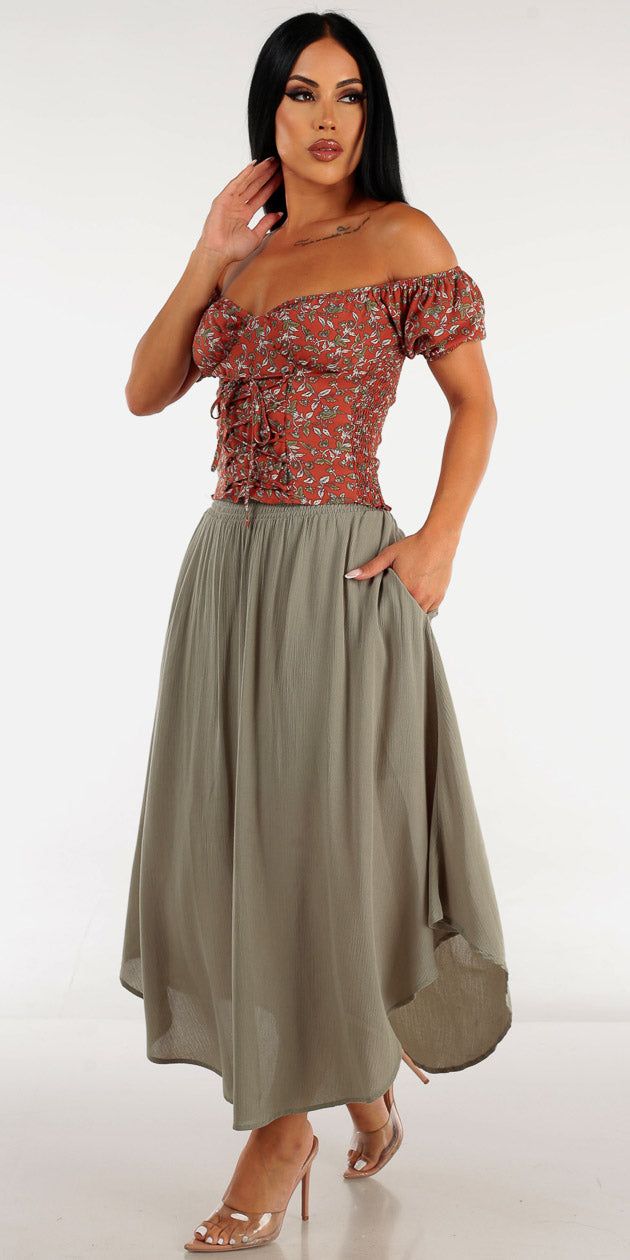 Olive Smocked Waist Maxi Skirt with Off Shoulder Floral Lace Up Top sold by Moda