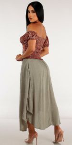 Olive Smocked Waist Maxi Skirt with Off Shoulder Floral Lace Up Top sold by Moda