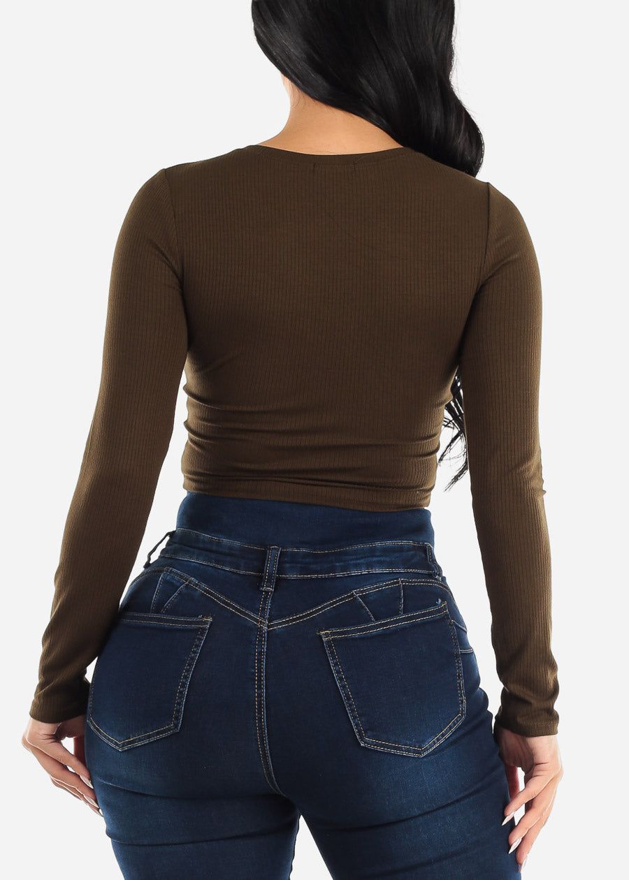 Ribbed Crewneck Long Sleeve Crop Top Olive sold by Moda product image thumbnail 4