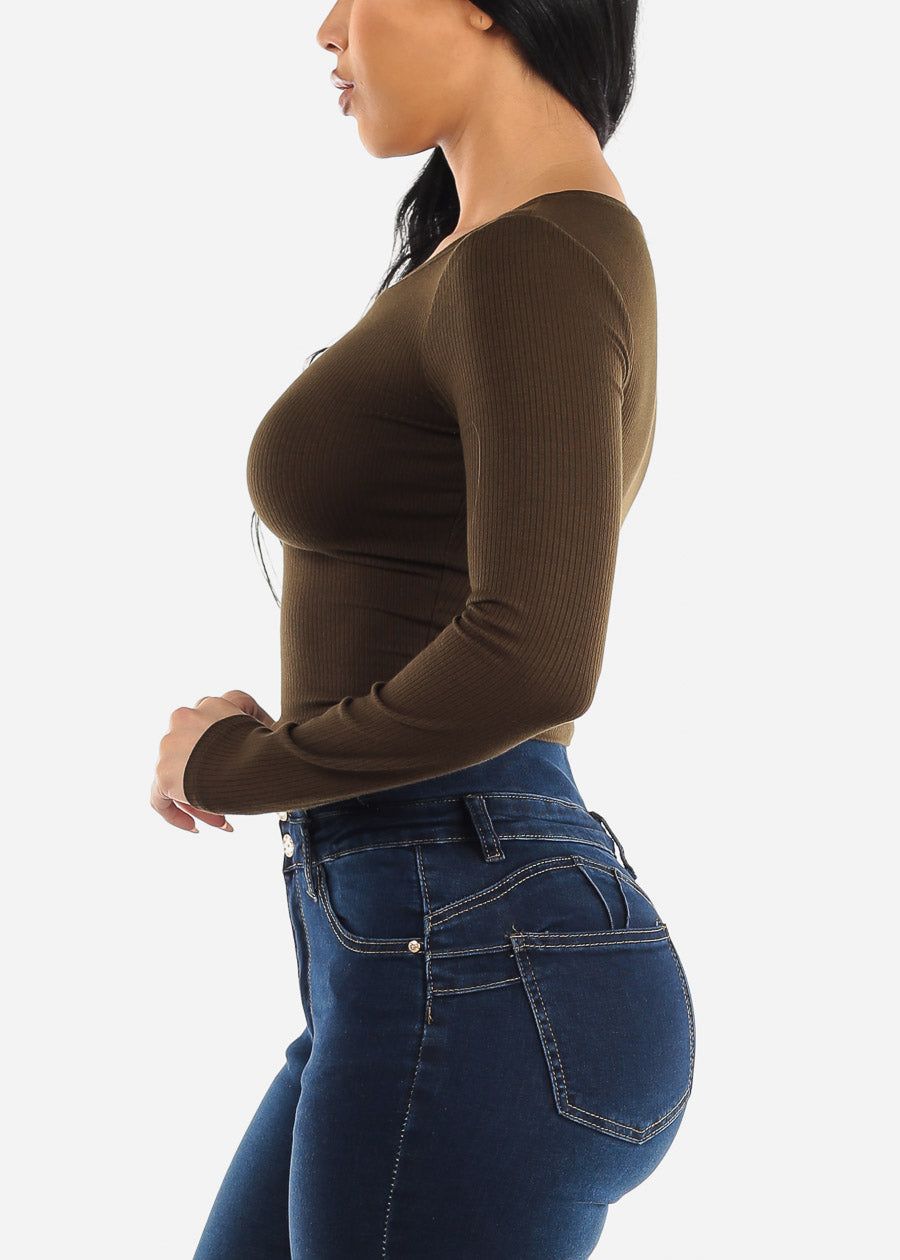 Ribbed Crewneck Long Sleeve Crop Top Olive sold by Moda product image thumbnail 3