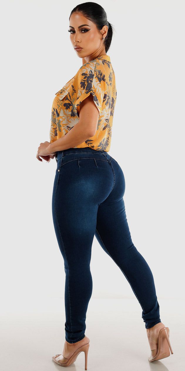 Dark Blue Butt Lifting Skinny Jeans with Short Sleeve Floral Button Up Mustard Shirt sold by Moda product image thumbnail 2