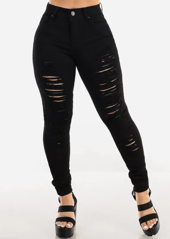 Black High Waist Distressed Stretchy Skinny Jeans sold by Moda