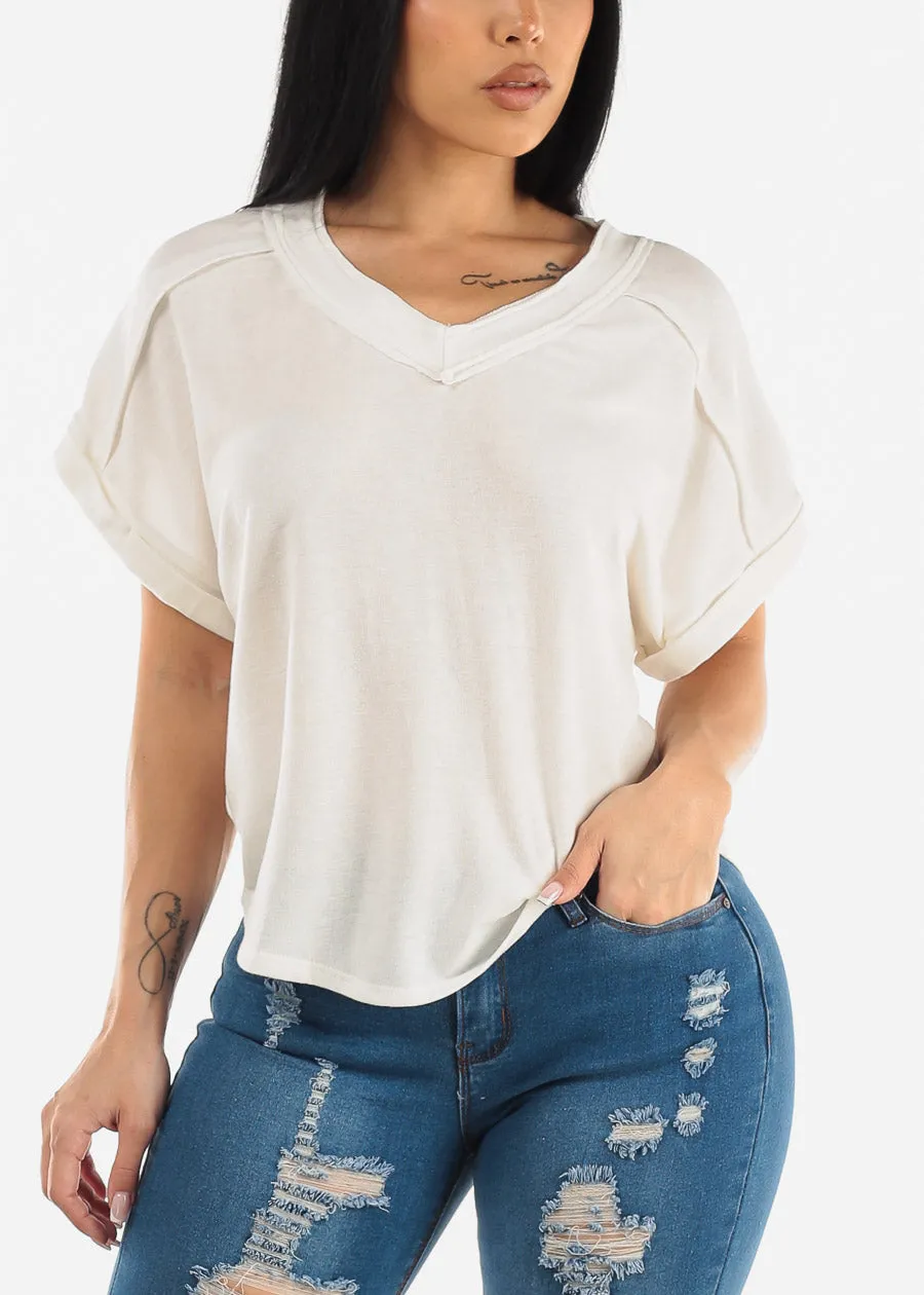 Short Sleeve Vneck Soft Terry Top Ivory sold by Moda