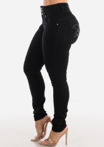 MX JEANS Black Mid Rise Butt Lifting Skinny Jeans sold by Moda