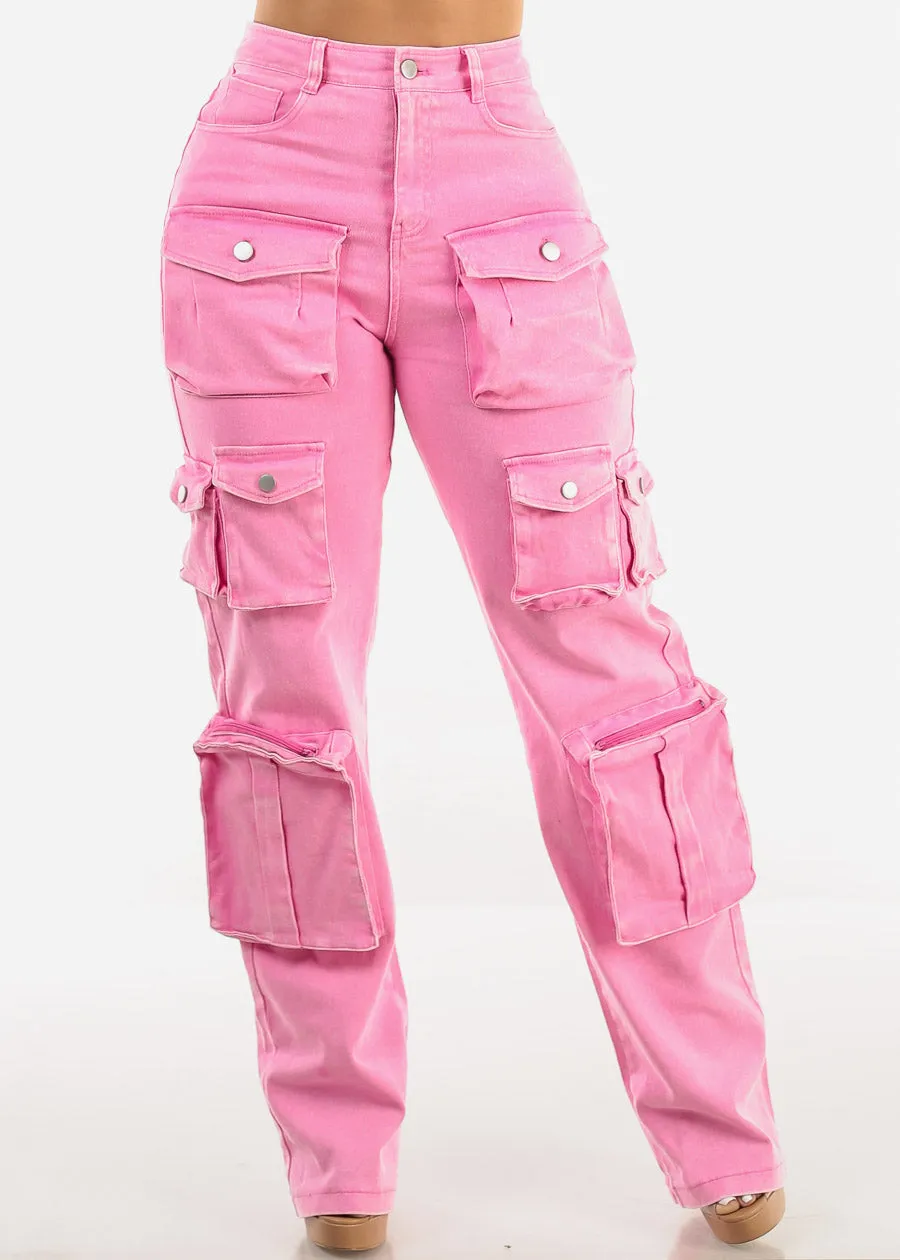 High Waist Utility Cargo Jeans Acid Wash sold by Moda