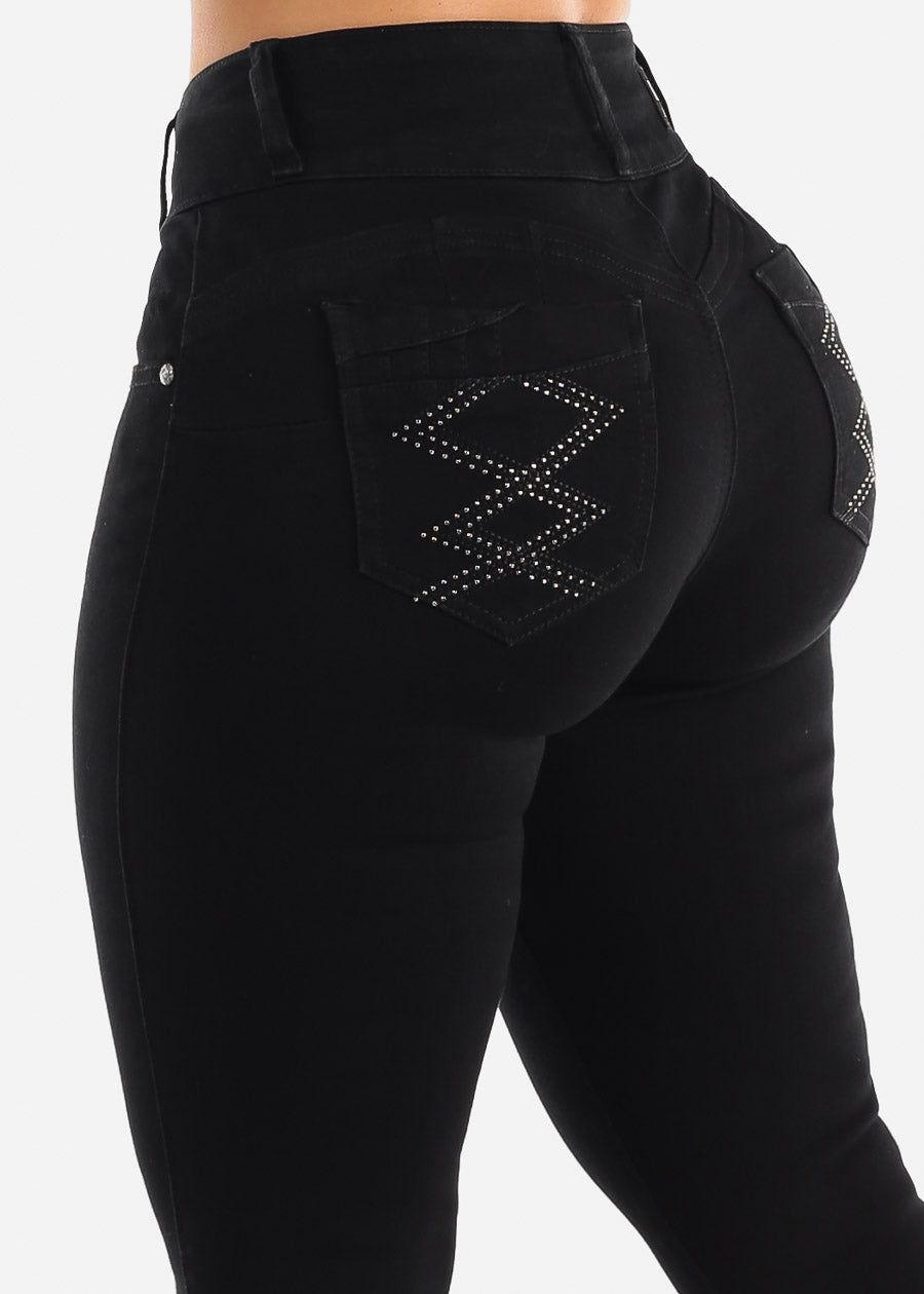 MX JEANS Black Mid Rise Butt Lifting Skinny Jeans sold by Moda