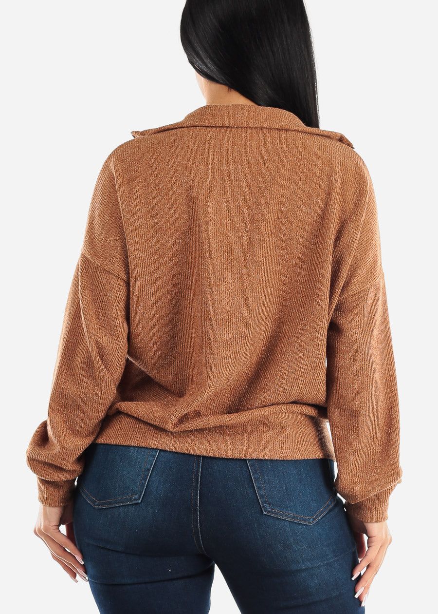 Mock Neck Half Zip Up Pullover Sweater Camel sold by Moda product image thumbnail 4
