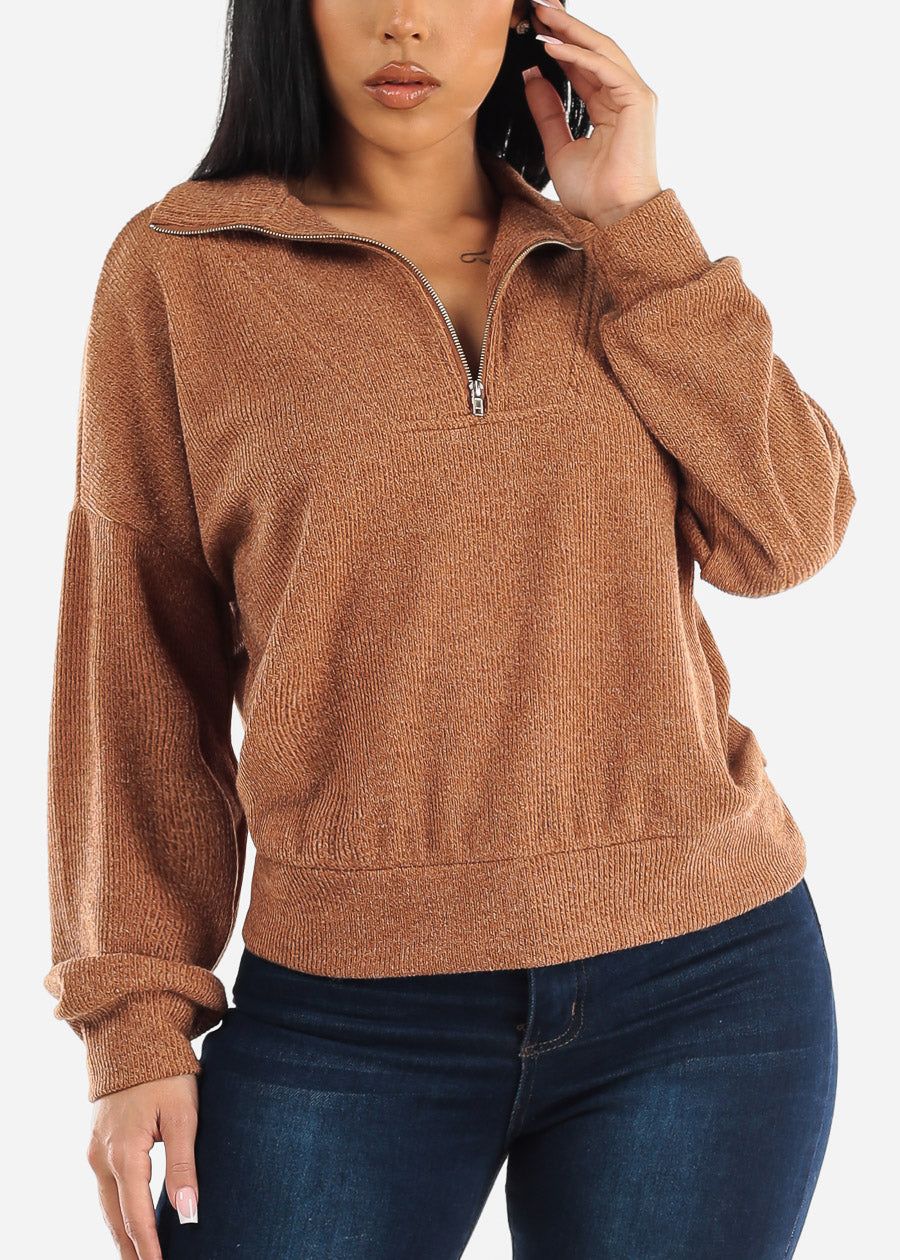 Mock Neck Half Zip Up Pullover Sweater Camel sold by Moda