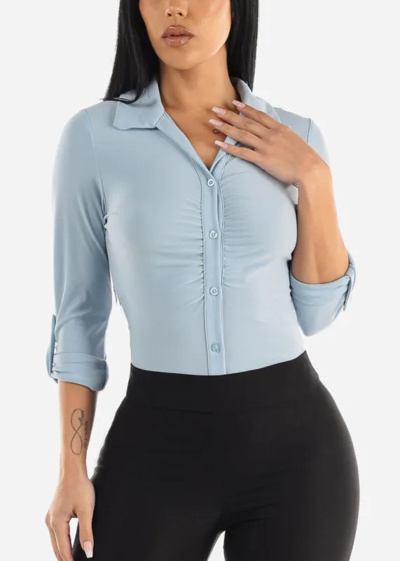 Long Sleeve Ruched Front Collared Blouse Light Blue sold by Moda