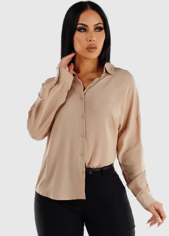 Beige Oversized Long Sleeve Button Down Shirt sold by Moda
