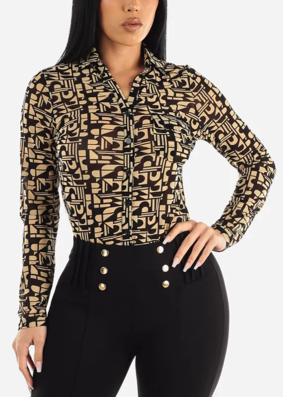 Printed Long Sleeve Button Up Mesh Collared Blouse Beige sold by Moda