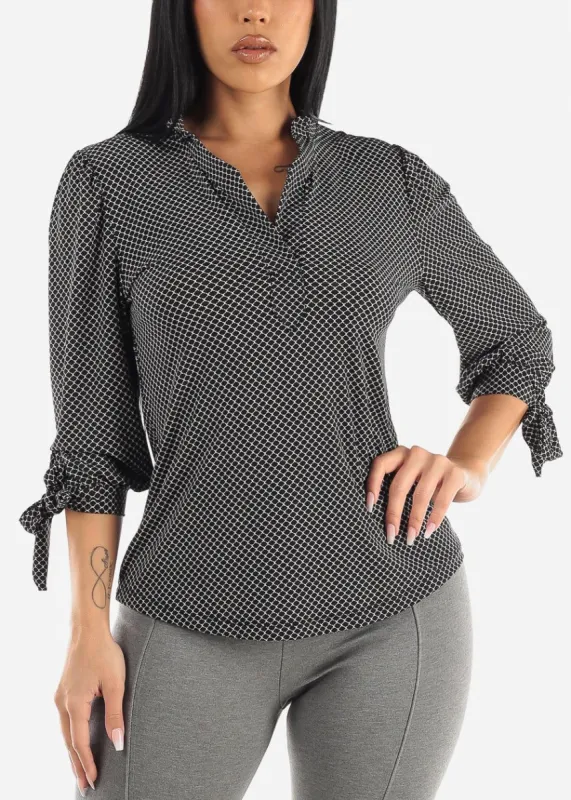 Quarter Sleeve Vneck Printed Blouse Black sold by Moda