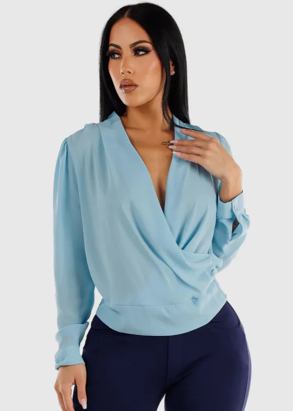 Long Sleeve Smocked Waist Surplice Blouse Light Blue sold by Moda