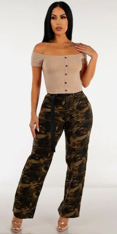 Belted Camouflage Straight Leg Pants with Off Shoulder Ribbed Crop Top sold by Moda